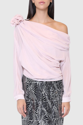 Ensley Flower Single Shoulder Mesh Top In Pink